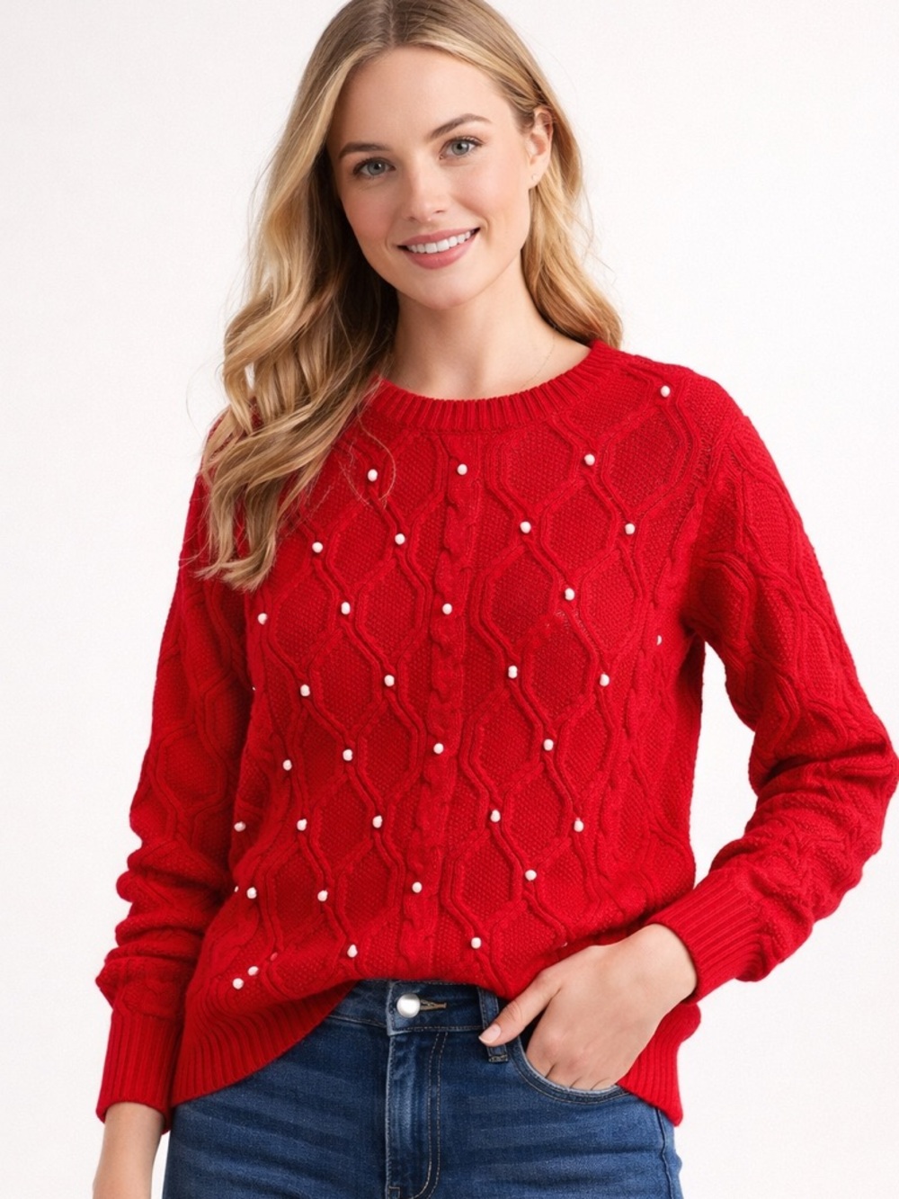 Crown & Ivy Red Cable Knit Sweater Pearl Detail Cozy Winter Top Size S
